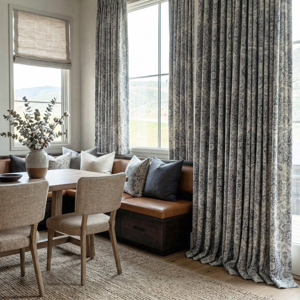 Rossa Grey Blue French Country Style Damask Custom Curtains