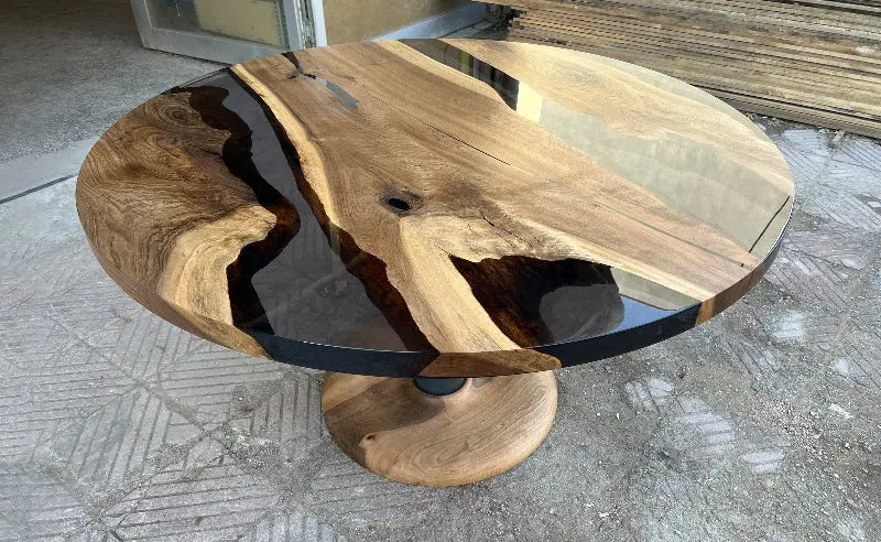 Custom Round Epoxy Resin Walnut Dining - Kitchen Table With Wood Base