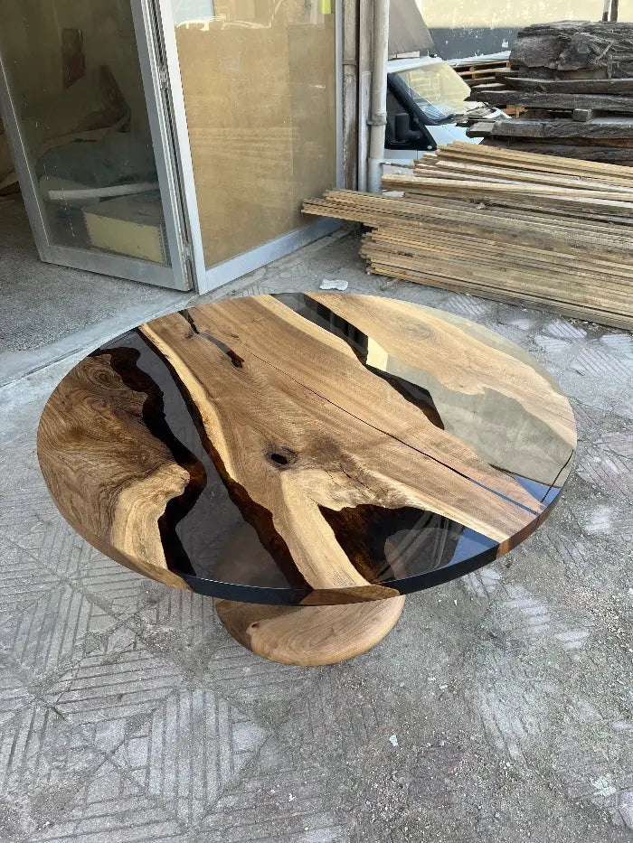 Custom Round Epoxy Resin Walnut Dining - Kitchen Table With Wood Base