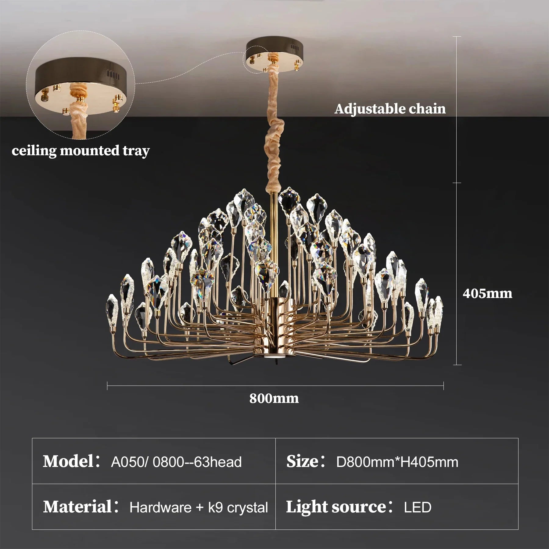 Serena Gold Crystal LED Chandelier β Modern Pendant Light for Dining & Living Room