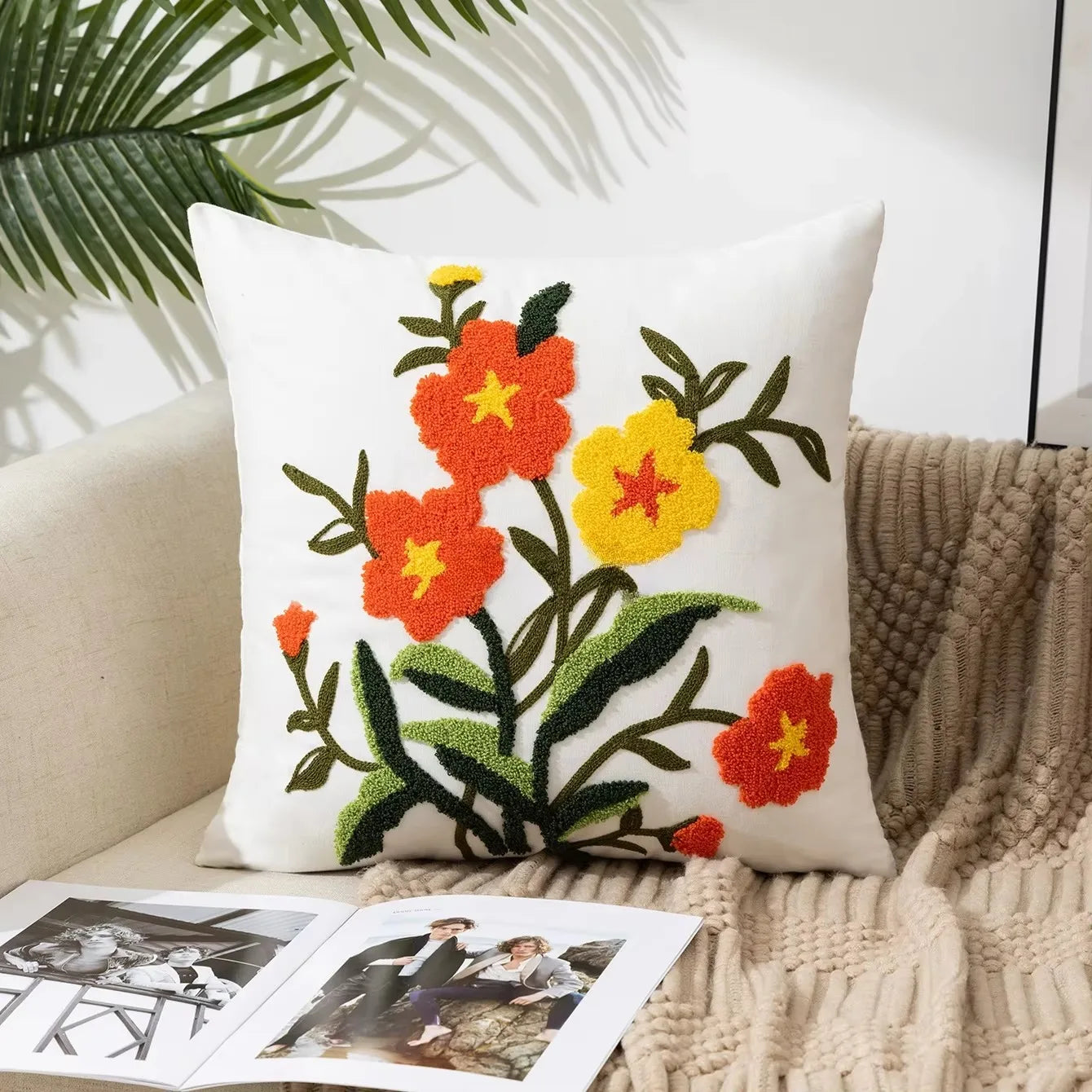 Flower Embroidered Throw Pillow Cover
