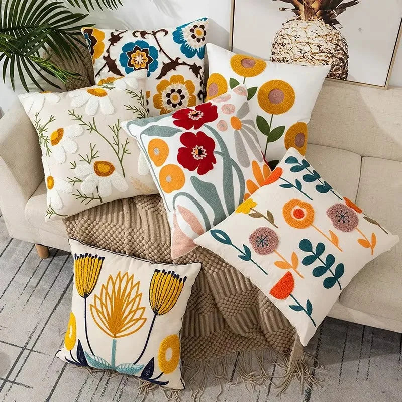 Flower Embroidered Throw Pillow Cover