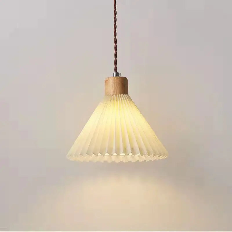 Retro Pleated Pendant Light For Living Dining Room Bedside Solid Wooden Ceiling Hanging Fabric Lampshade Bar Home Decoration