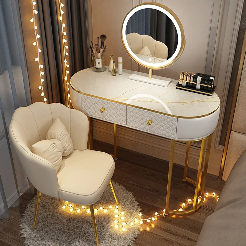 Nordic vanity chair white bedroom LED light Dresser storage cabinet makeup Dressing table light mirror stool bedroom furniture
