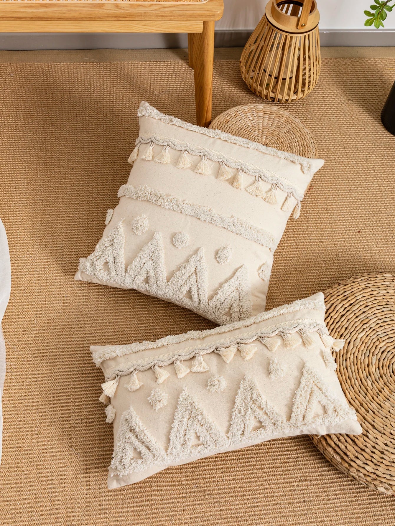 Beige Tassel Pillow Cover Triangular