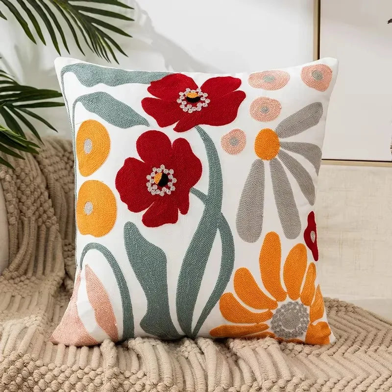 Flower Embroidered Throw Pillow Cover