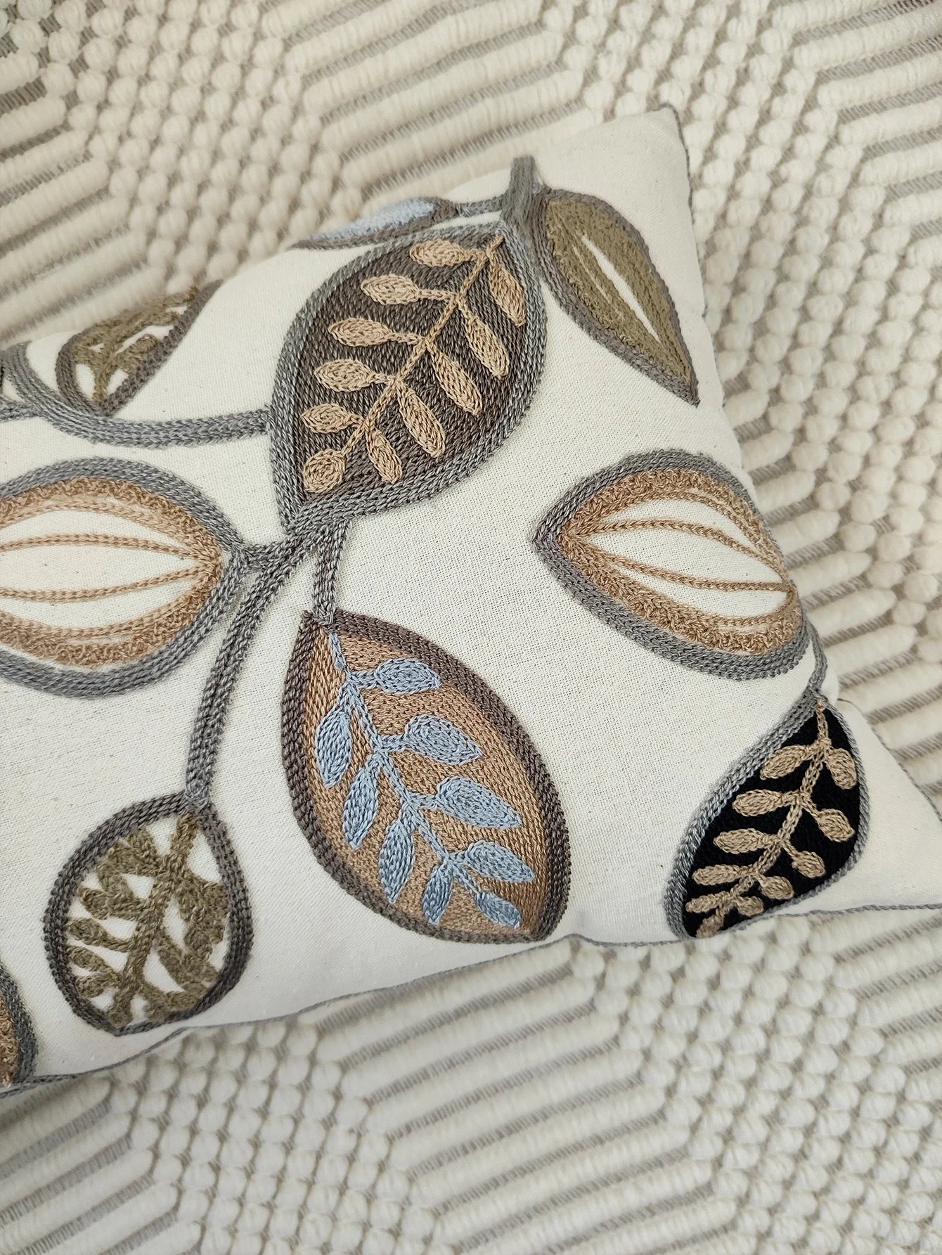 Leaf Embroidered Throw Pillow Case