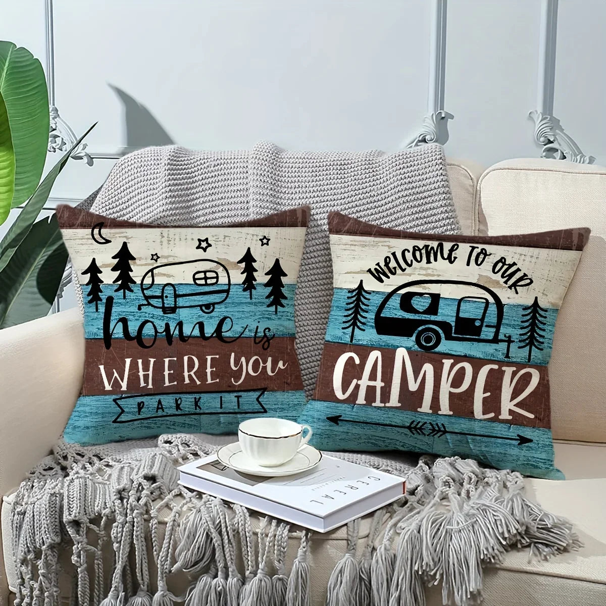VIKAMA Camping Theme Pillowcase, Country-Style Decorative Cushion pillow Cover, For Sofas, RVs, Camping, Bedroom Home Decoration