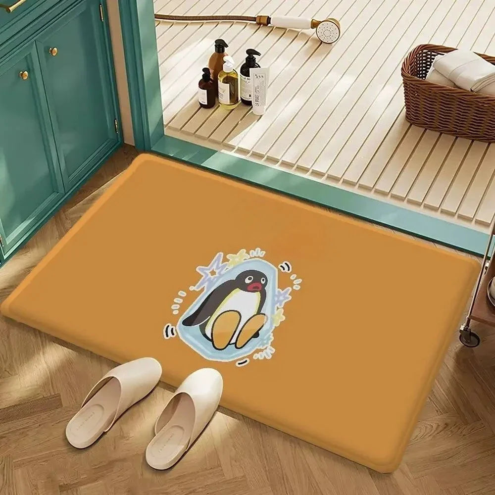 Adorable Pingu Pattern Non Slip Absorbent Door Mat Cute Cartoon Design Home Decor Rug for Bathroom Bedroom Quick Dry Durable
