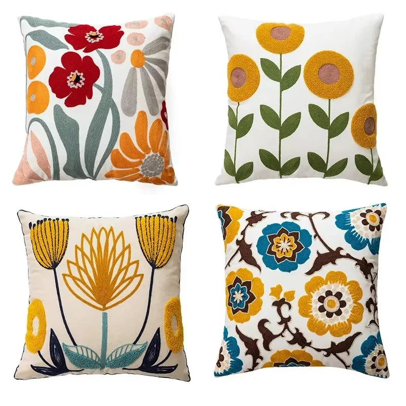 Flower Embroidered Throw Pillow Cover