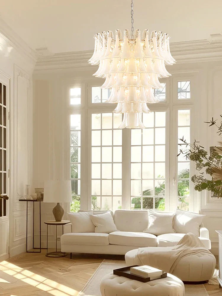 Elara White Petal Glass LED Chandelier for Staircase & Villa Décor