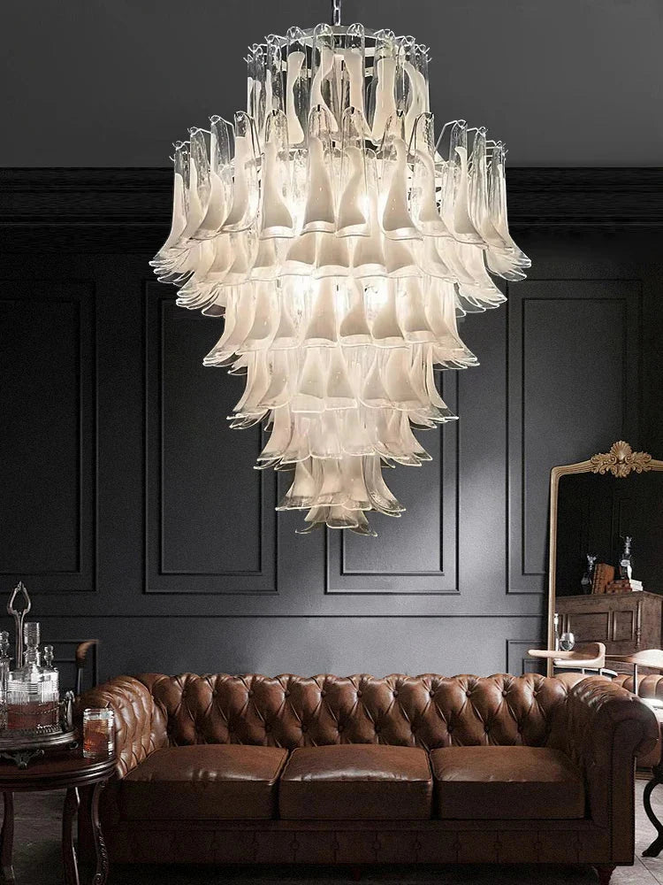 Elara White Petal Glass LED Chandelier for Staircase & Villa Décor