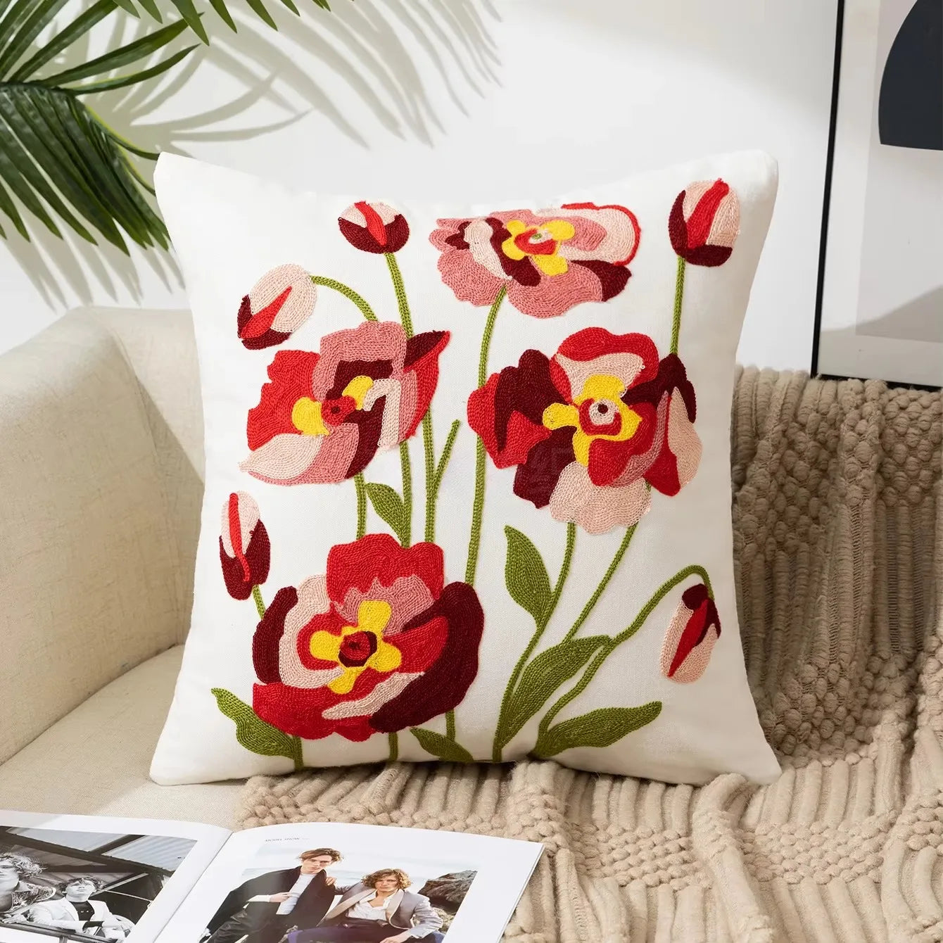 Flower Embroidered Throw Pillow Cover