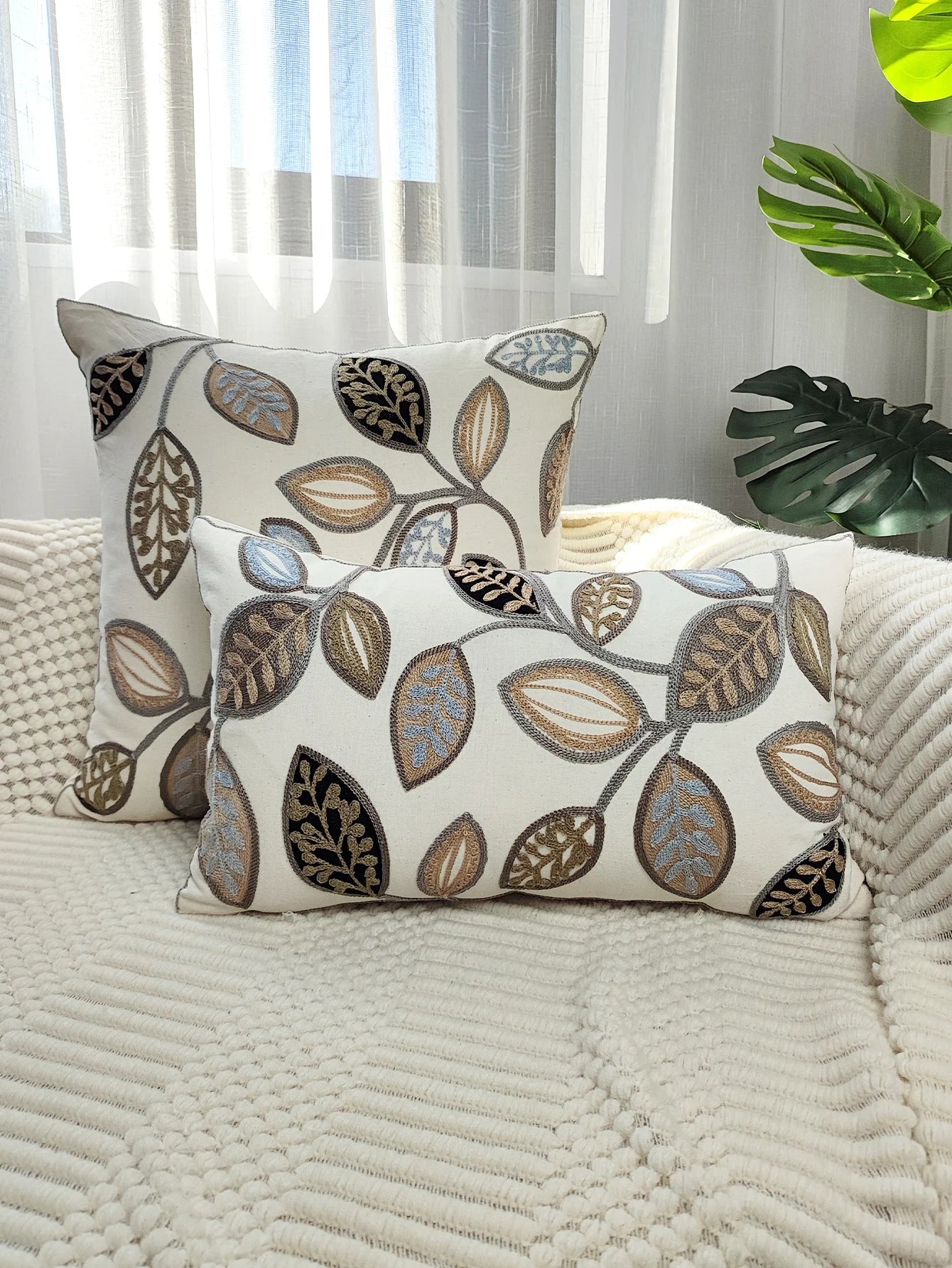 Leaf Embroidered Throw Pillow Case