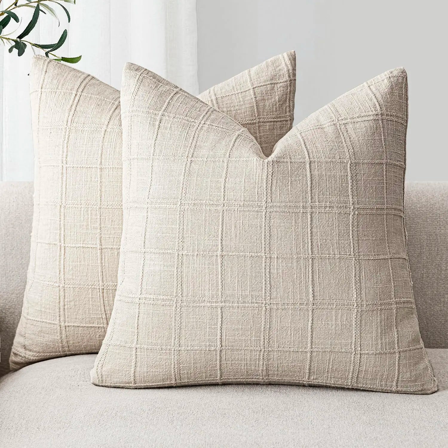 Linen Check Throw Pillow Covers Set