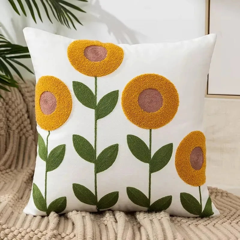 Flower Embroidered Throw Pillow Cover