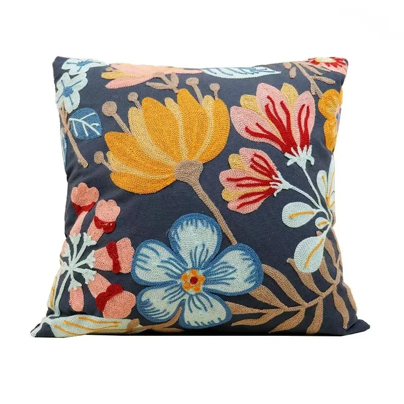 Flower Embroidered Throw Pillow Cover