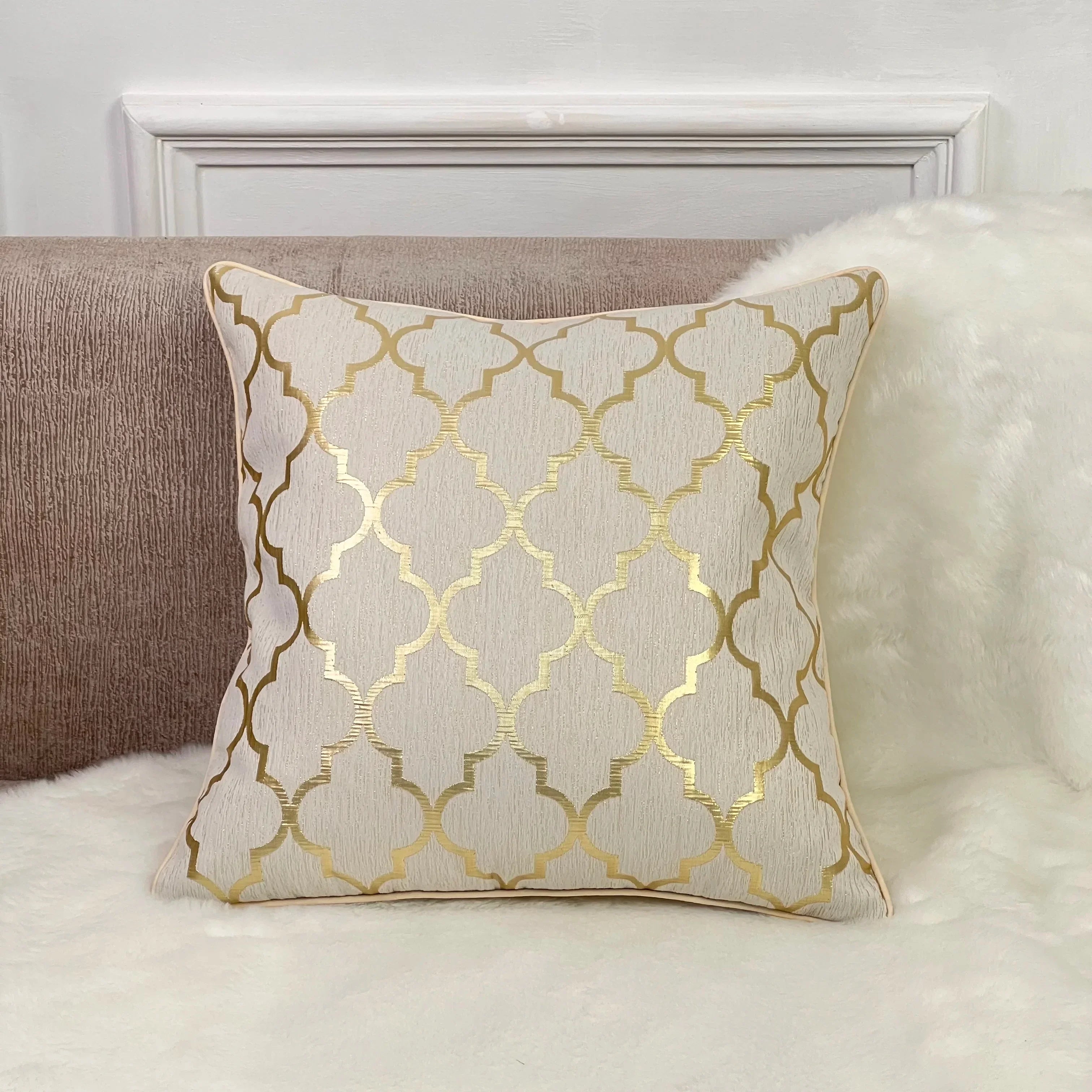 Gold Jacquard Cushion Cover Beige