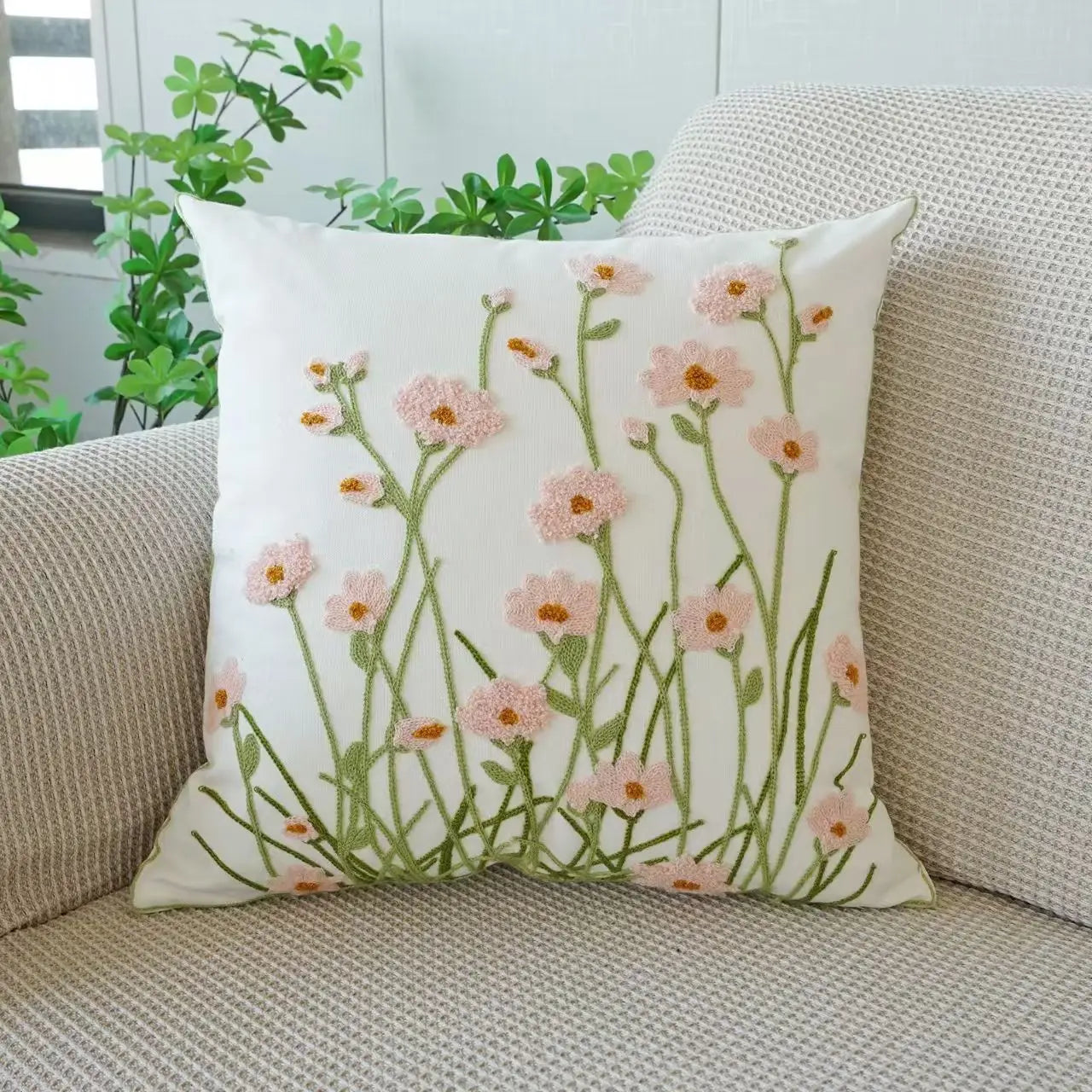 Flower Embroidered Throw Pillow Cover