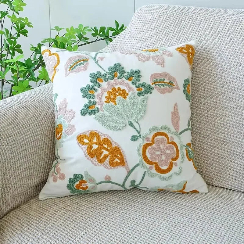 Flower Embroidered Throw Pillow Cover