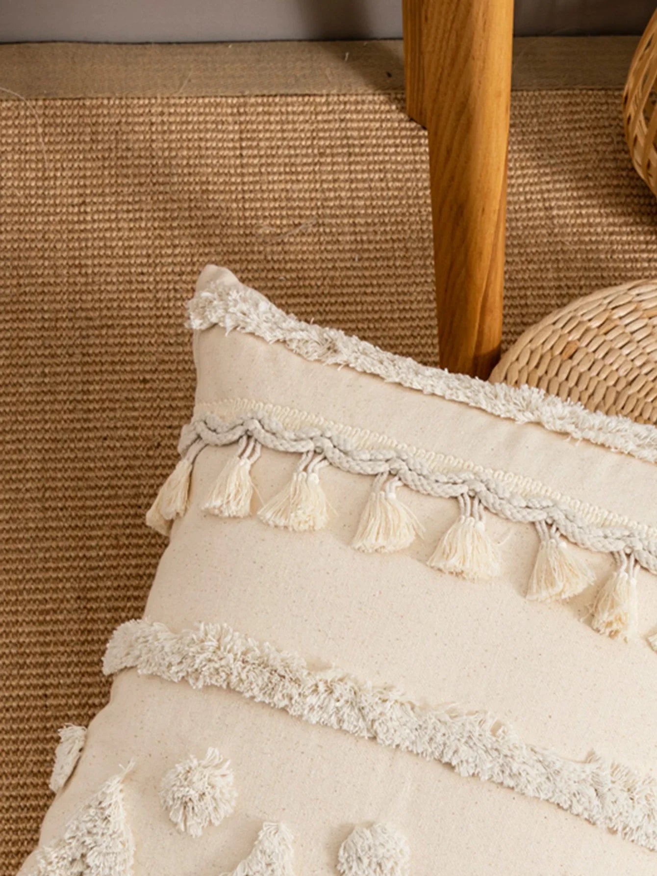 Beige Tassel Pillow Cover Triangular