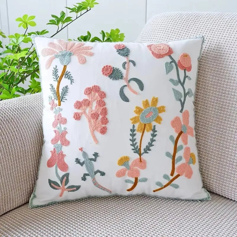 Flower Embroidered Throw Pillow Cover