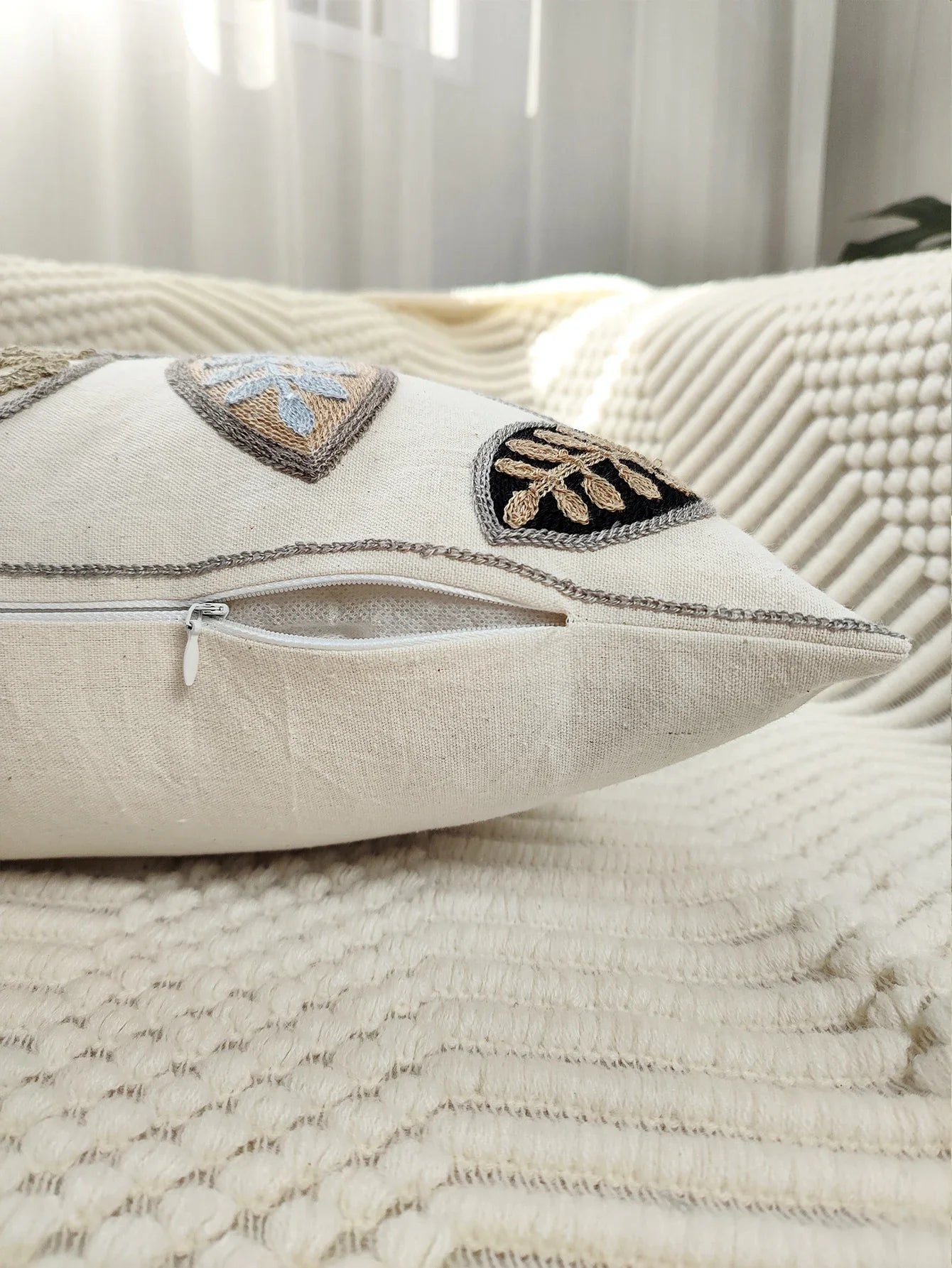 Leaf Embroidered Throw Pillow Case