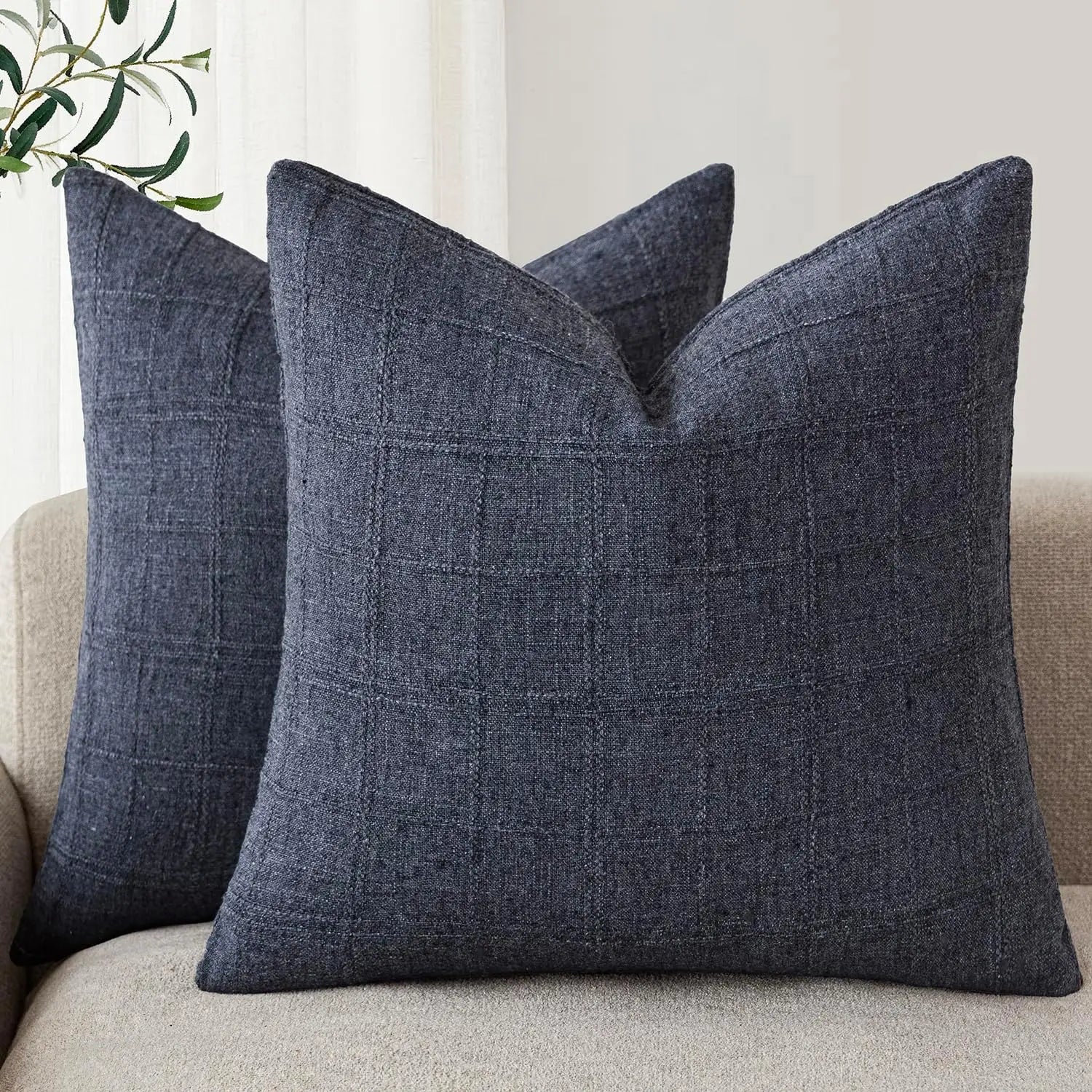 Linen Check Throw Pillow Covers Set