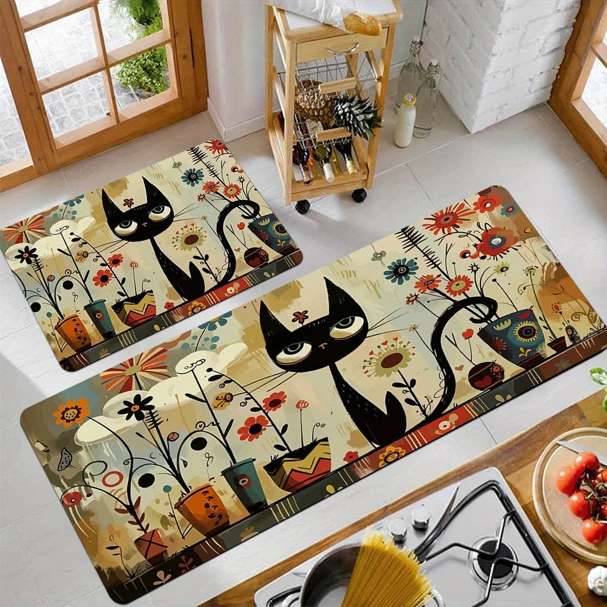 VIKAMA Black Cat Pattern Kitchen Rug Long Carpet Waterproof Bathroom Mat Rug For Bedroom Carpet For Live Room Home Decoration