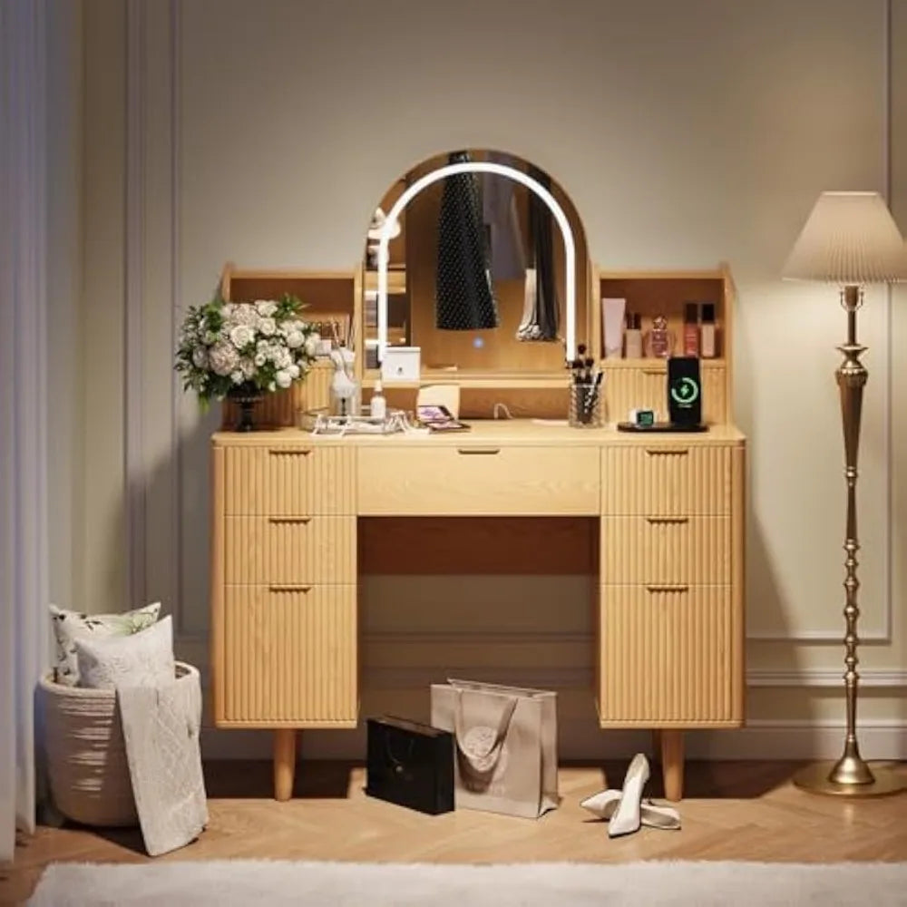 Make up Vanity Desk with Mirror and Lights, Vanity Desk with 7 Drawers and Storage, Modern Dressers for Bedroom, Wood Color Arc