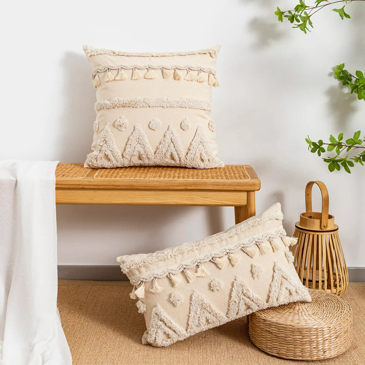 Beige Tassel Pillow Cover Triangular