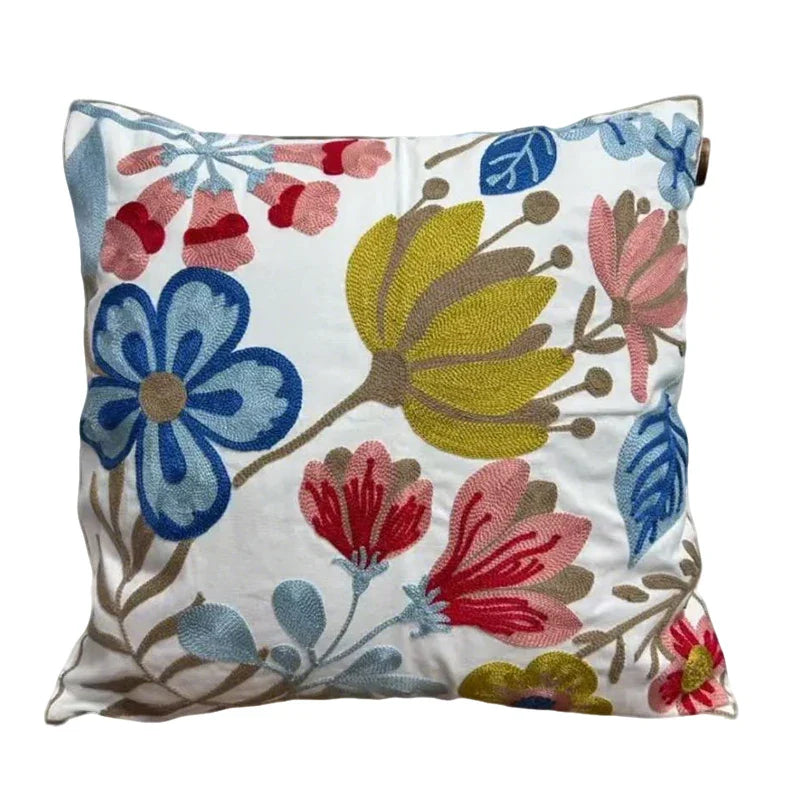 Flower Embroidered Throw Pillow Cover