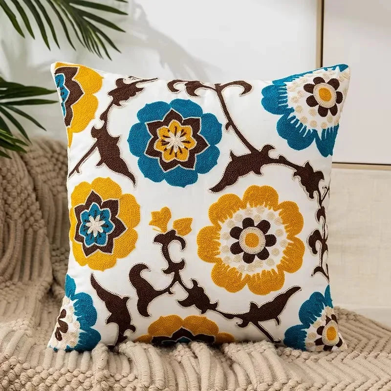 Flower Embroidered Throw Pillow Cover
