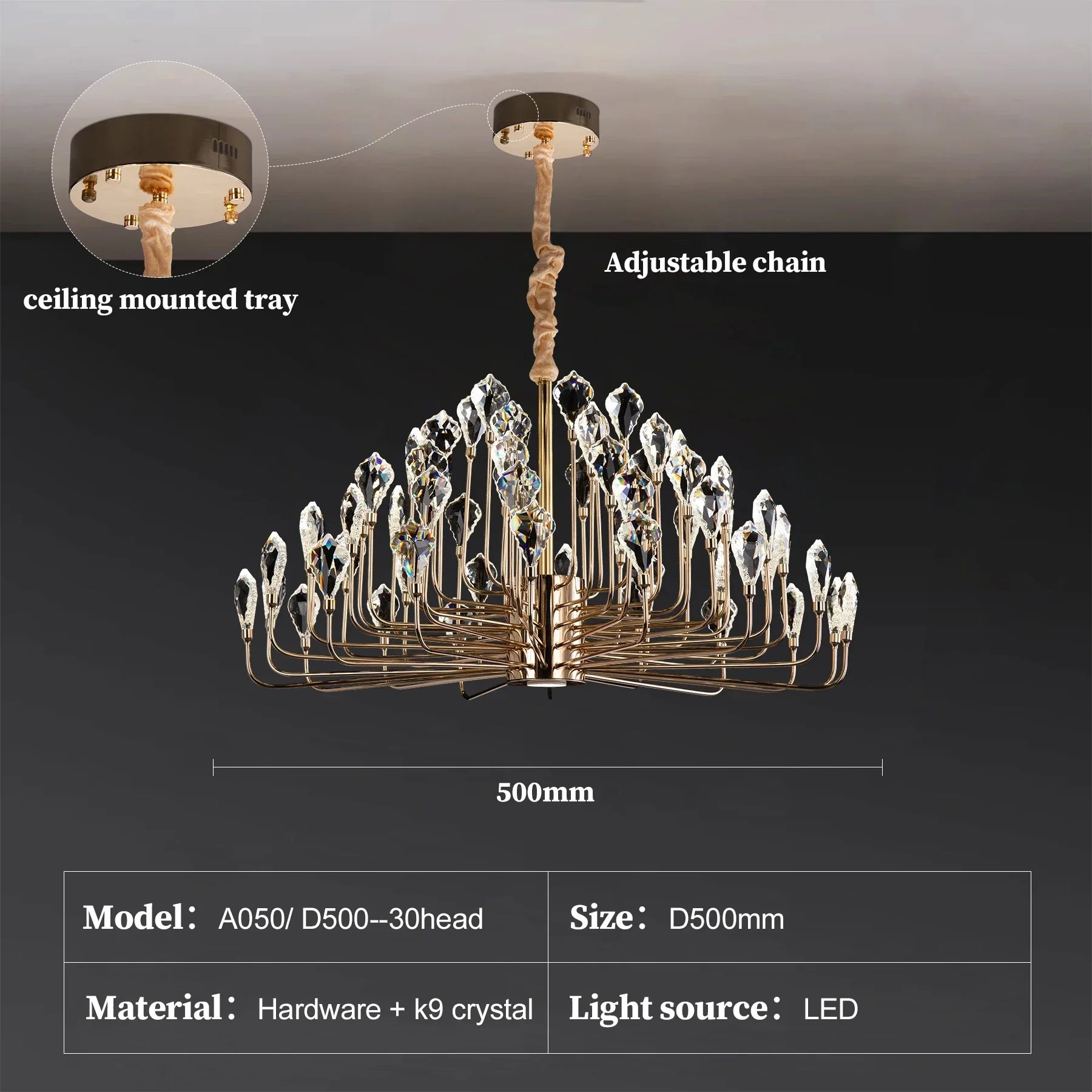 Serena Gold Crystal LED Chandelier β Modern Pendant Light for Dining & Living Room