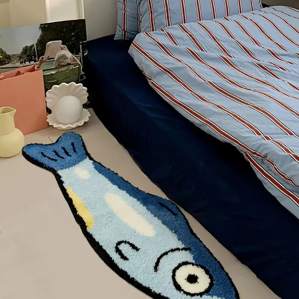 VIKAMA Fun Cartoon Fish Shaped Plush Rug Ins Style Children's Room Bedside Living Room Decor Rug Home Decoration