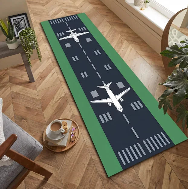 Realistic Airport Runway Carpet Mat Rug, Aviation Theme & Interactive home decoration with Grey Green Tone for Hallway Playroom
