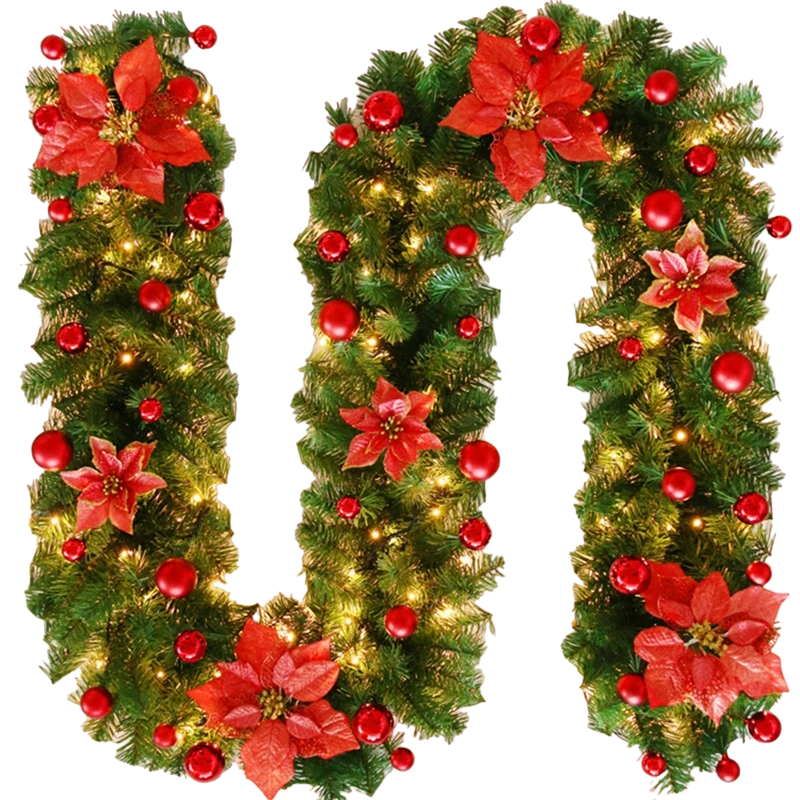 9ft Christmas LED Garland Wreath with Holly, Baubles, and Glitter Finish - Red-0
