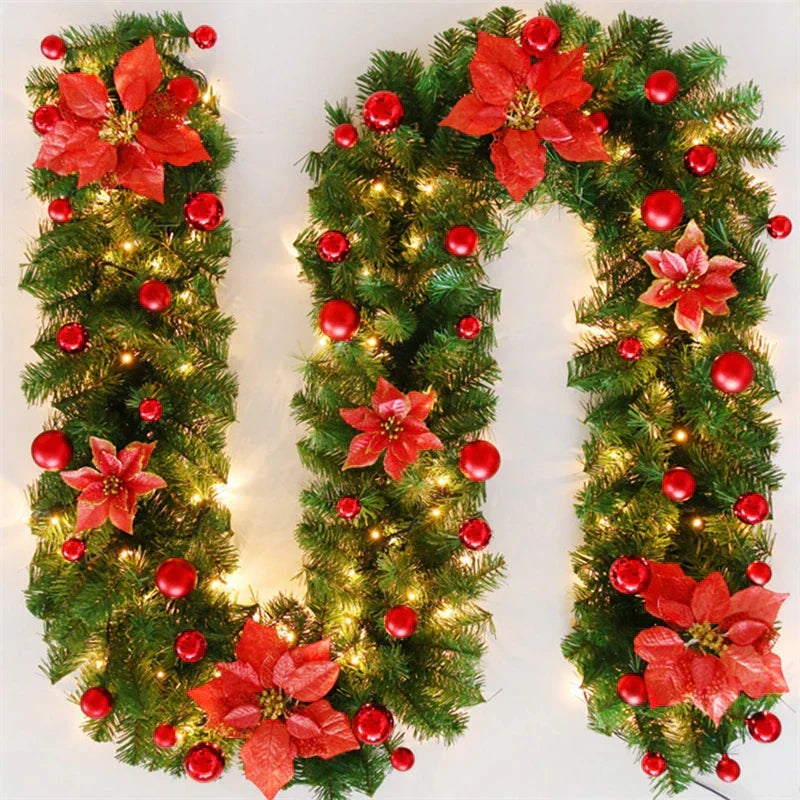9ft Christmas LED Garland Wreath with Holly, Baubles, and Glitter Finish - Red-1
