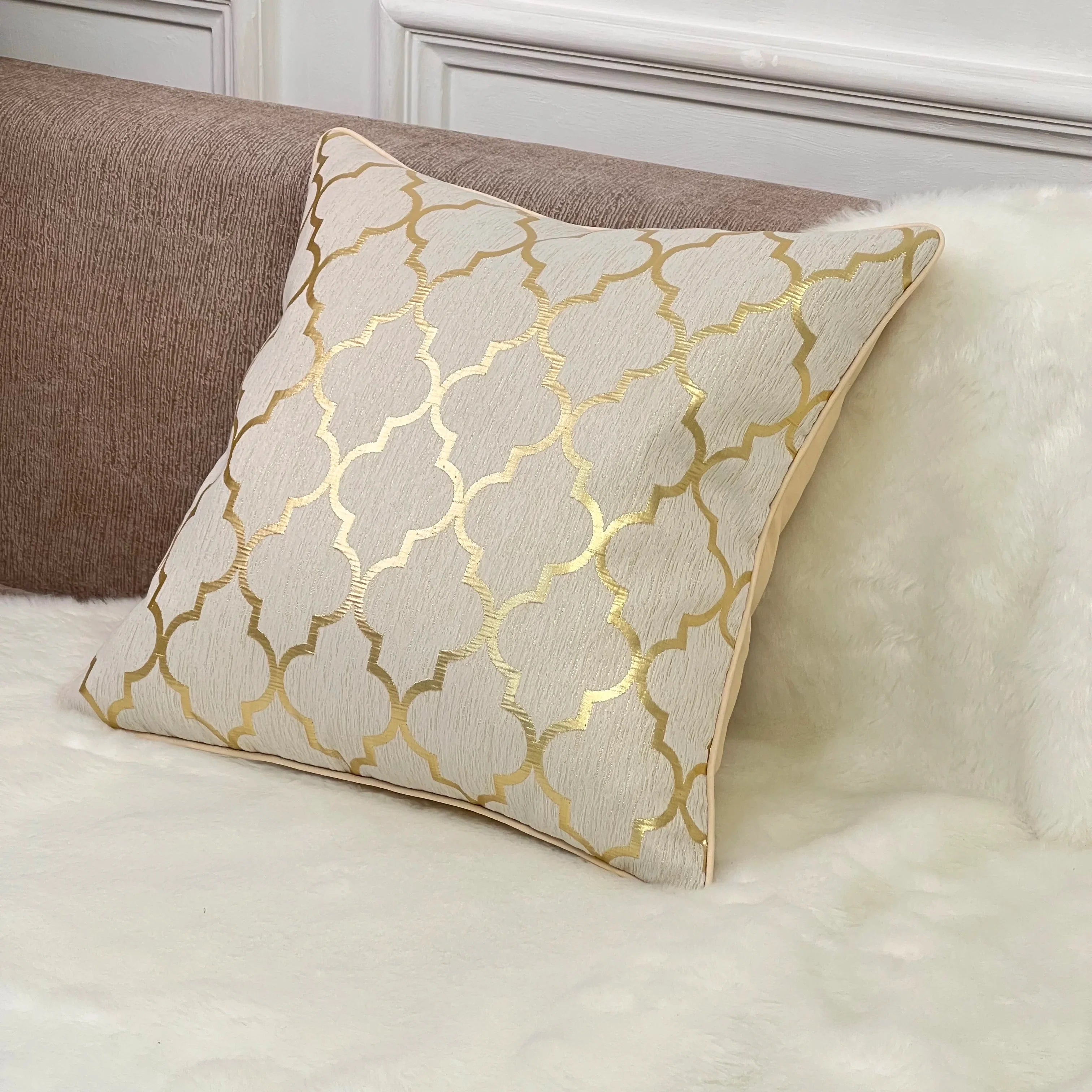 Gold Jacquard Cushion Cover Beige