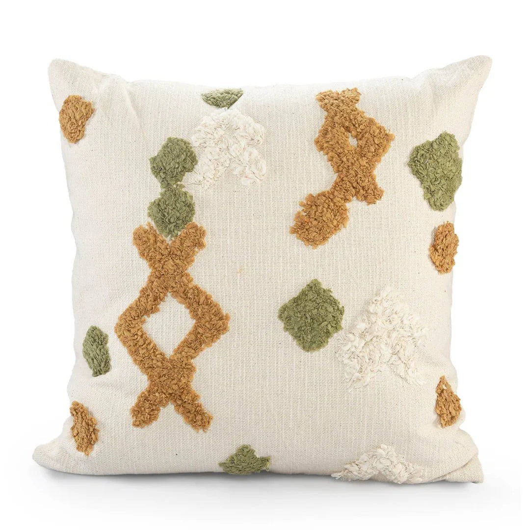 Boho Cushion Cover | 45x45cm | Tufted Organic Cotton | Mustard, Green & Cream-0