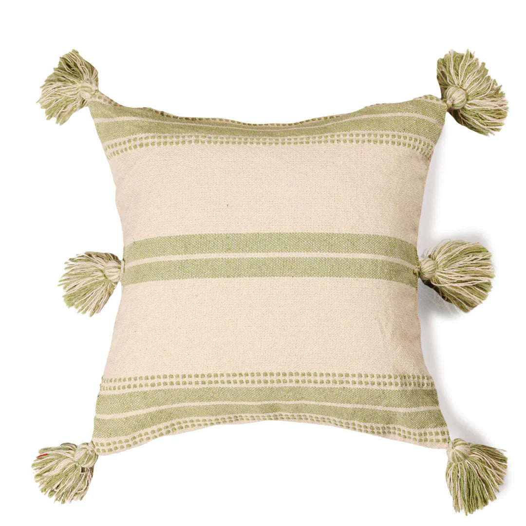 Sage Green Cushion Cover with Tassels | 40x40cm | Striped Cotton | Handmade-2