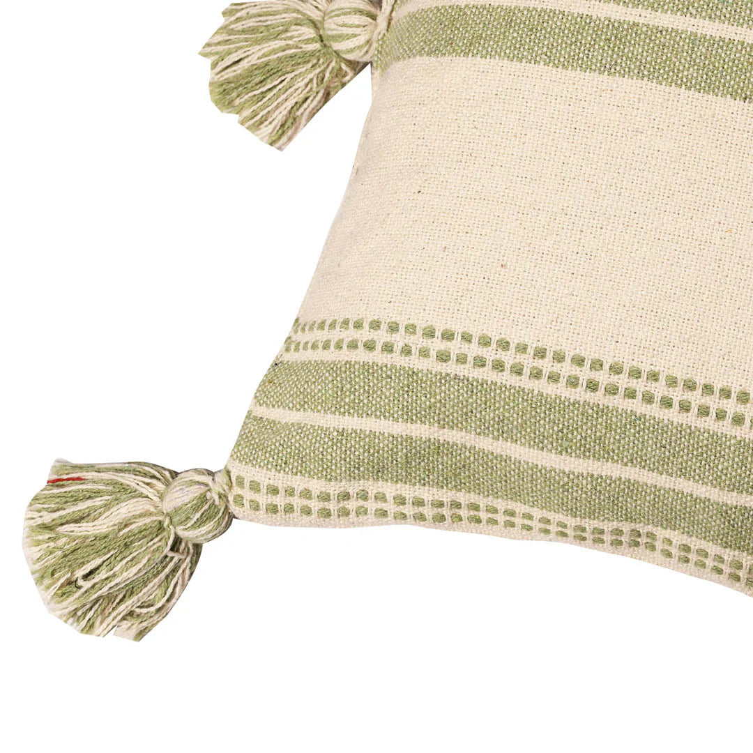 Sage Green Cushion Cover with Tassels | 40x40cm | Striped Cotton | Handmade-1