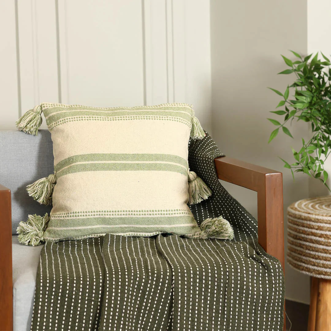 Sage Green Cushion Cover with Tassels | 40x40cm | Striped Cotton | Handmade-0