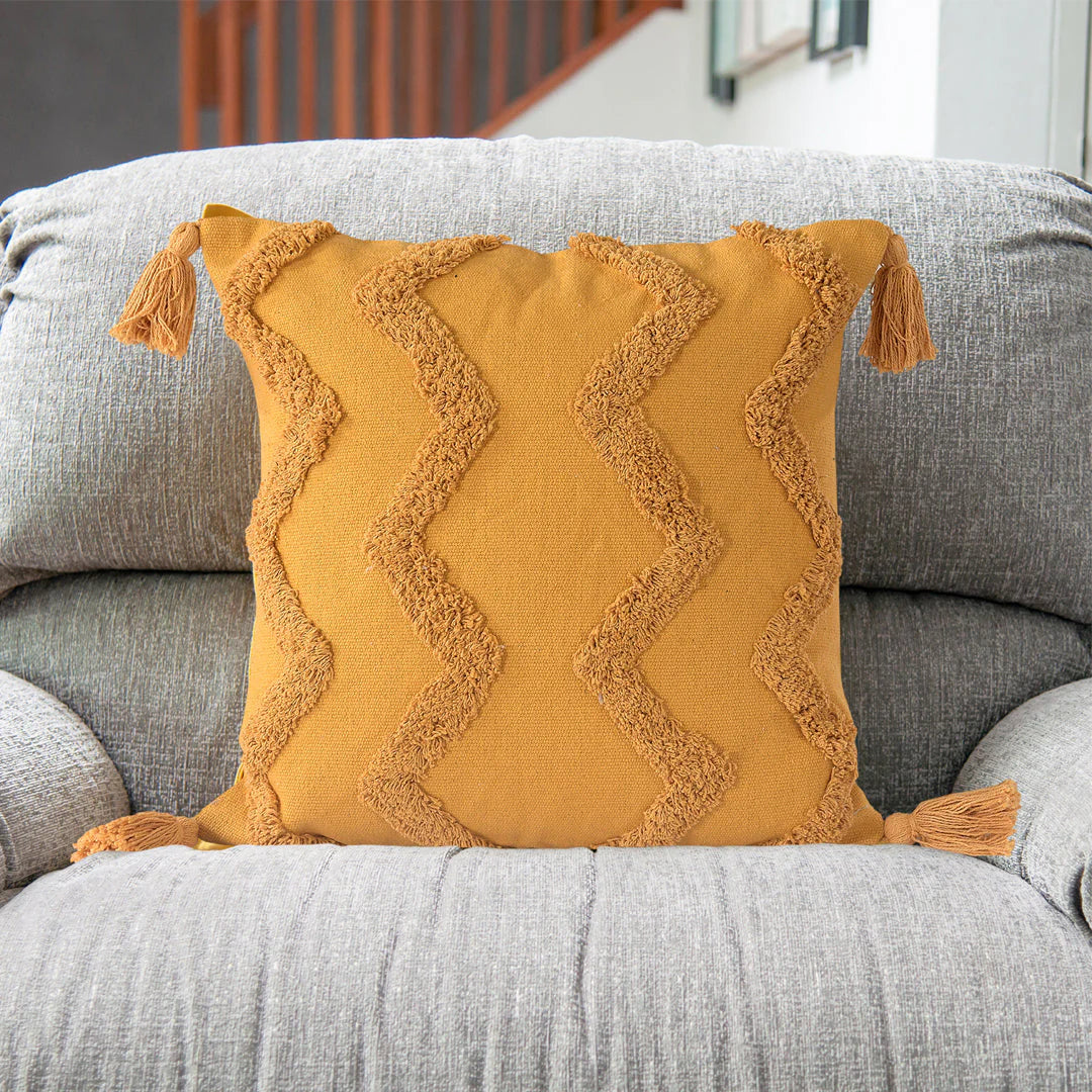 Mustard Yellow Tufted Cushion Cover | 45x45cm Cotton | Handmade with Tassels | Boho Decor-3