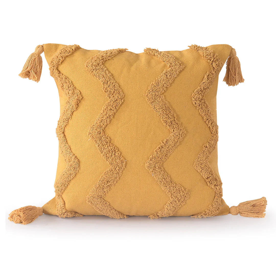 Mustard Yellow Tufted Cushion Cover | 45x45cm Cotton | Handmade with Tassels | Boho Decor-0