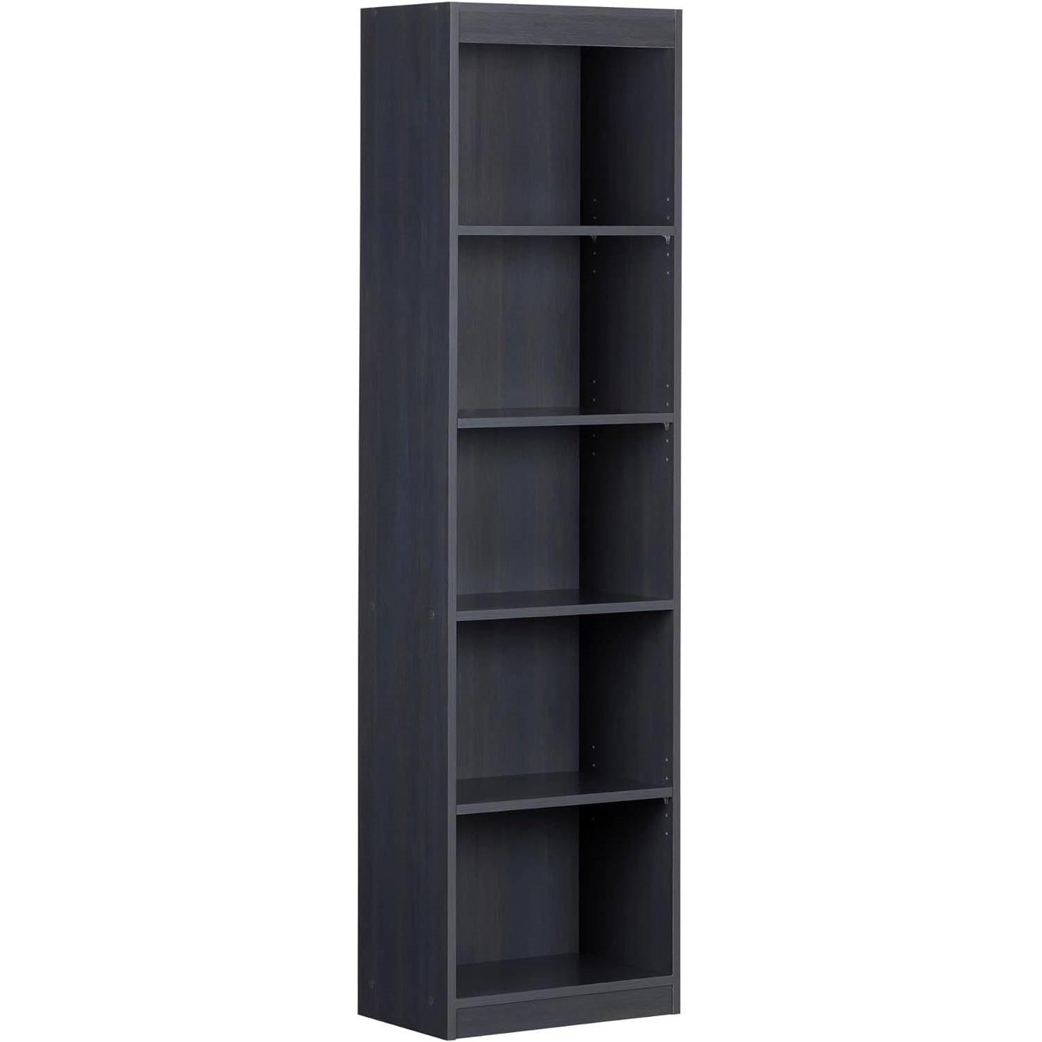 Narrow 5-Shelf Bookcase Slim Storage Shelving Unit Dark Blue Black Wood Finish - PRHOMZ