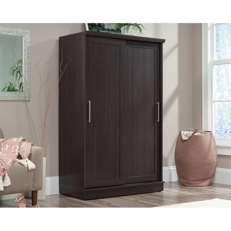FarmHouse Espresso Oak Sliding Doors Garment Rod Wardrobe Armoire - PRHOMZ