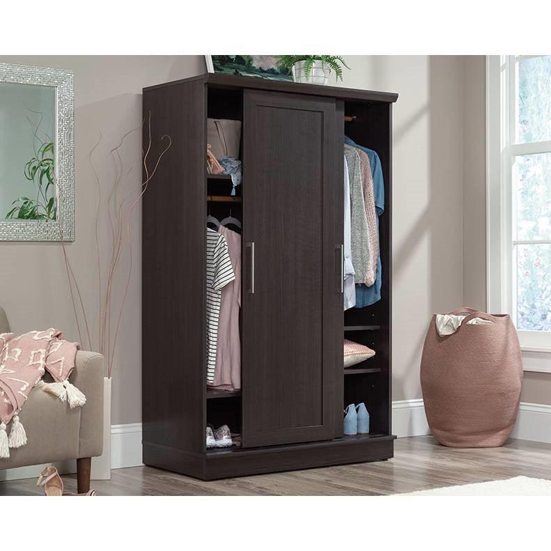FarmHouse Espresso Oak Sliding Doors Garment Rod Wardrobe Armoire - PRHOMZ