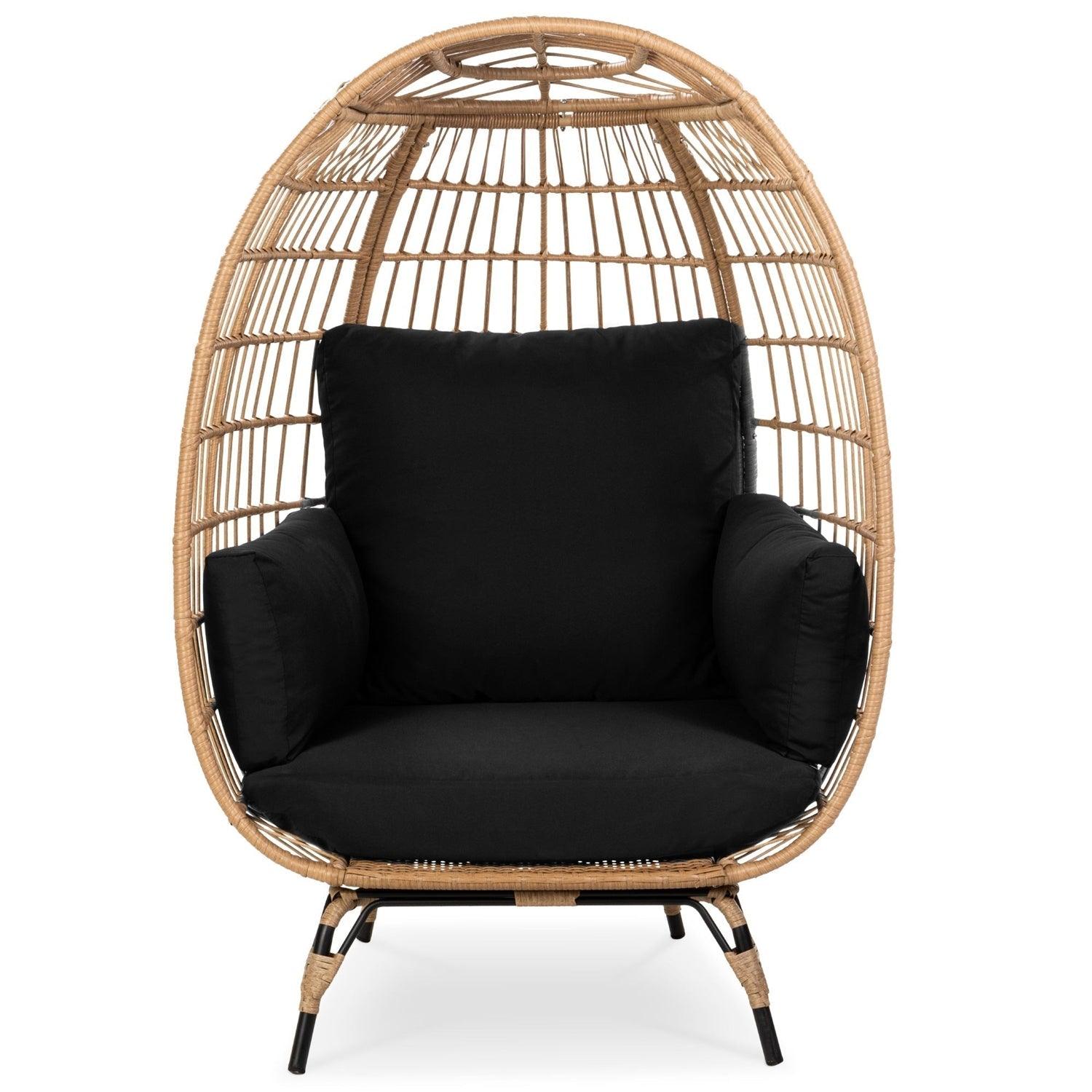 Oversized Patio Lounger Indoor/Outdoor Wicker Egg Chair Black - PRHOMZ