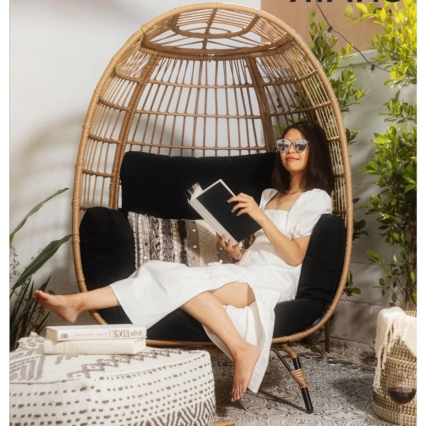 Oversized Patio Lounger Indoor/Outdoor Wicker Egg Chair Black - PRHOMZ